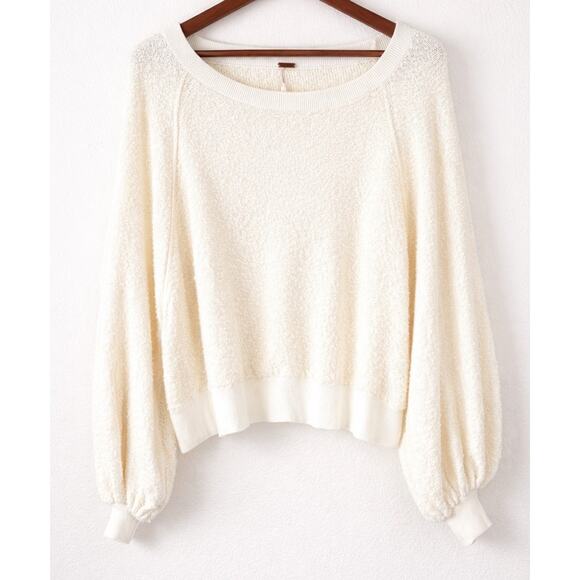 Free People Ivory Boucle Knit Sweater XS Balloon Sleeve Round Neck Pullover - Picture 2 of 9